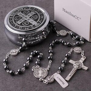 6mm Hematite Stone Black Beads Catholic Saint Benedict Rosary Necklace